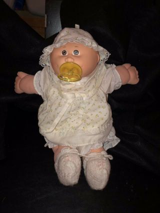 1980s Cabbage Patch Doll,  Bald,  Brown Eyed Baby Girl With Plastic Pacifier