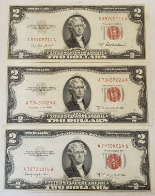 1953 - A,  1953 - B,  1953 - C $2.  00 United States Note Red Seal U.  S.  Two Dollar Bills