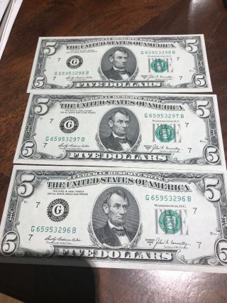 1969 A $5 Federal Reserve Note Frn Chicago Uncerculated 3 Consecutive Number
