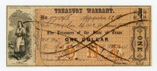 1862 Cr.  1 $1 Texas Treasury Warrant - Civil War Era