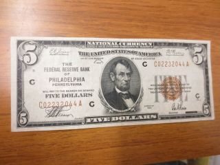 1929 $5.  00 Federal Reserve Note (philadelphia)