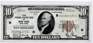 1929 $10 York Ny Federal Reserve Bank Note Brown National Currency