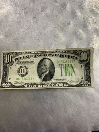 1934a $10 Ten Dollar Usa Federal Reserve Note Old Bill Money Frn Green Seal