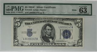1934 C $5 Silver Certificate Currency Pmg Certified 63 Choice Unc Wide (147a)