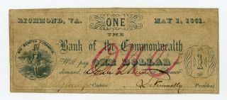 1861 $1 The Bank Of The Commonwealth - Richmond,  Virginia Note