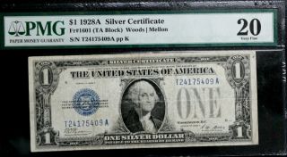 Fr.  1601 $1 1928a Blue Seal Funny Back Silver Certificate Pmg 20 Very Fine