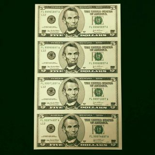 2003 A Us $5 Five Dollar Uncut Sheet Of 4 Federal Reserve Bank Notes Hus054897