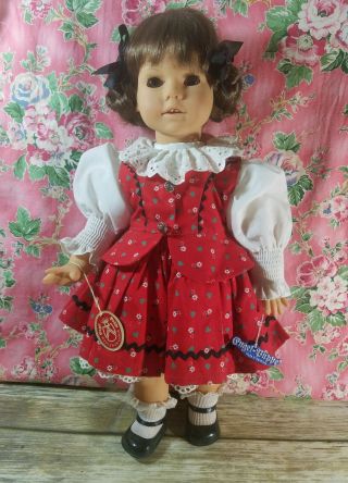 Engel Puppe Puppen German Doll Tags Red Dress Brown Hair & Eyes All