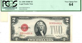 $2 1928d Legal Tender Note Fr 1505 (da Block) Pcgs 64
