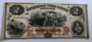 1862 $2 Two Dollar Somerset Worcester Savings Bank Maryland Obsolete Note