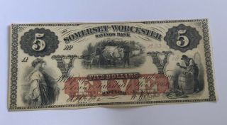 1862 $5 Five Dollar Somerset Worcester Savings Bank Maryland Obsolete Note