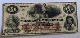 1862 $1 One Dollar Somerset Worcester Savings Bank Maryland Obsolete Note
