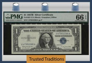 Tt Fr 1621 1957b $1 Silver Certificate Small Blue Seal Pmg 66 Epq Gem Unc
