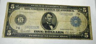 U.  S.  $5.  00 Bill Abraham Lincoln 1914 Series Blue Seal Large Note