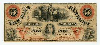1860 $5 The Bank Of Hamburg,  South Carolina Note W/ Slave