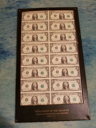 Uncut Us Currency Sheet 16 X $1 Bill Dollar Federal Reserve Notes 1981