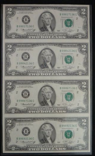 1976 Star Note $2 Dollar Bills Uncirculated,  Uncut Sheet Of 4.