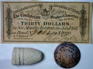 1864 Civil War Confederate $30 Csa Note,  Cw Bullet,  1865 Two Cent Coin Nr