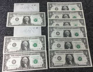 1988a $1 Federal Reserve Star Notes Partial District Set - 9 Unc.  Star Notes