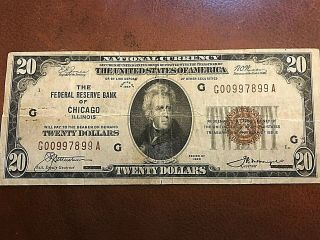 1929 $20 Federal Reserve Bank Note.  Chicago,  Il Circulated.  Brown Seal