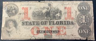 1863 The State Of Florida,  Tallahassee - $1 One Dollar Note