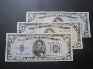 1934 A $5 Silver Certificate 3 X $5 Dollar Blue Seal K - A Blocks