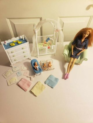 Barbie Baby Nursery Set With Barbie,  3 Babies,  And Furniture