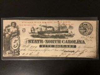 1863 Confederate North Carolina $5 Five Dollar Note Depicting Blockade Runner
