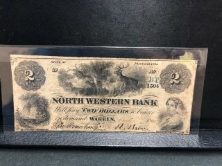 West Point Coins The North Western Bank Warren Pa $2 Note 1861