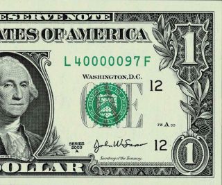 Fancy Serial Number 40000097 $1 2003a Federal Reserve Note.  Crisp Uncirculated