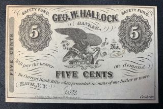 George W.  Hallock Banker 1862 - 5c Bank Note,  Bath,  N.  Y.