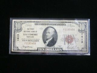 1929 $10 National Bank Note Baltimore Md Charter
