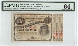 United States,  Louisiana 1870s Pmg Choice Unc 64 5 Dollars “baby Bond "