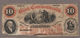 1858 $10 The Bank Of The Commonwealth Richmond,  Virginia Obsolete Currency