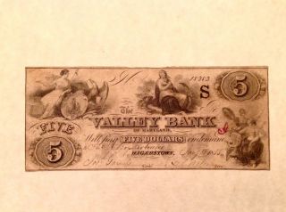- 1855 $5 Five Dollars The Valley Bank Of Maryland,  Hagerstown Md