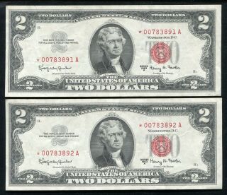 (2) Consecutive 1963 - A $2 Star Red Seal Legal Tender United States Notes Vf,