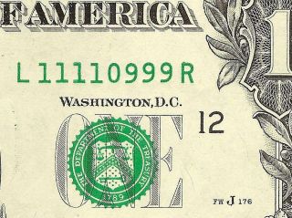 Gem 2003 $1 Fancy Serial Number 1111 999 Fed Note Currency Crisp Unc Dollar Bill