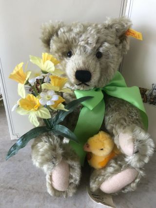 Curly Mohair Steiff Danbury Spring Teddy Bear With Duck,  Daffodils,  665684