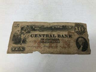 $10 Dollars 1830 Central Bank Of Alabama Montgomery Obsolete Banknote