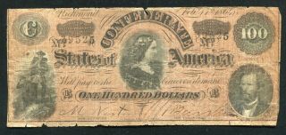 T - 65 1864 $100 One Hundred Dollars Csa Confederate States Of America Note (c)