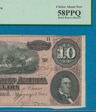 T - 68 $10.  1864 Confederate States Of America,  Certified Pcgs Au58ppq