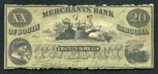 1857 $20 The Merchants’ Bank Of South Carolina At Cheraw,  Sc Obsolete Note