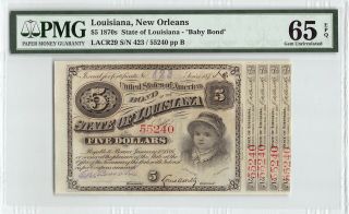 United States / Louisiana,  Orleans 1870s Pmg Gem Unc 65 Epq 5 Dollars