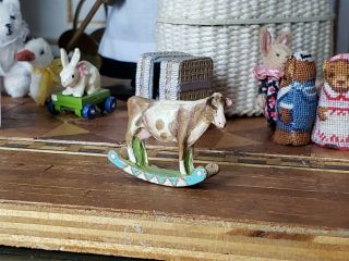 Dollhouse Miniature Artisan Metal Painted Rocking Horse Cow Toy Signed B 1:12