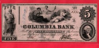 1852 Obsolete $5.  00 Columbia Bank Of Washington Dc
