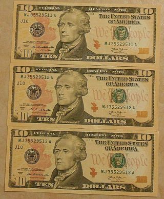 3 Uncirculated Consecutive Serial Number Series 2013 Ten Dollar Bills.