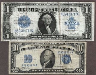 1923 $1 & 1934 $10 Silver Certificates,  Worn,  Presentable