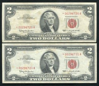 (2) Consecutive 1963 $2 Star Red Seal Legal Tender United States Notes Au
