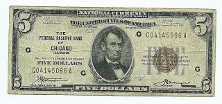 The Federal Reserve Bank Of Chicago,  Illinois == 1929 $5.  00 National Banknote 1