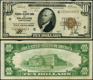 Fr.  1860 C $10 1929 Federal Reserve Bank Note Philadelphia Vf Color